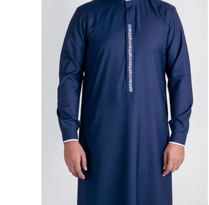 Qamis bleu marine pour homme, à manches longues, col montant, brodé, tenue de prière modeste, en coton, longueur ras du sol, toutes saisons, style Moyen-Orient - Product Image 1