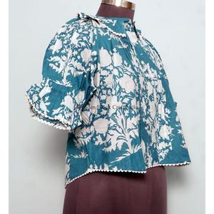 Túnica Moderna con Estampado Floral, 100% Algodón Lavable, Estilo Casual Femenino, Cuello Mandarín con Volantes, Manga Media, Mini - Product Image 4