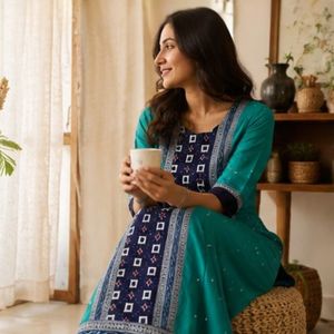 Ikkat <b>Arts</b> Aqua Teal <b>Sequin</b> Silk Kurta – Teal & Indigo Festive Ethnic Wear Kurta - Product Image 4