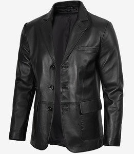 Custom Men's Black <b>Leather</b> <b>Blazer</b> | Three-Button Formal Lambskin Coat | OEM Apparel Manufacturer - Product Image 5