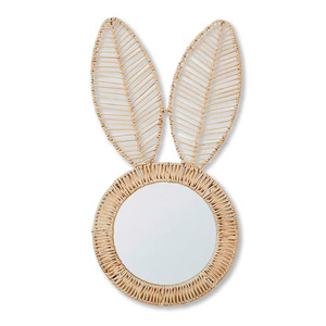 Round Rattan Bunny Ear Mirror Handwoven Wicker <b>Wall</b> Mirror Nursery Kids Room Decor Cute Animal Shape <b>Boho</b> Home Accent - Product Image 1