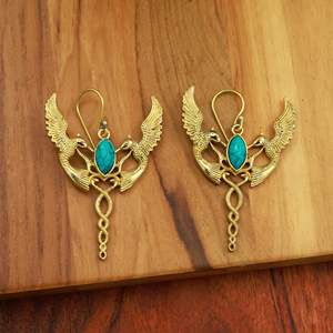 Pendientes de latón con diseño de Fénix y múltiples gemas |   Pendientes Colgantes Hechos a Mano con Diseño de Cisne Doble, Turquesa, Ojo de Tigre, Labradorita y Piedra Lunar - Product Image 2