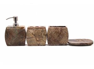 Luxury Brown Marble Vanity Organizer Bathroom <b>Set</b> with <b>Soap</b> Dispenser and Toothbrush Cup For Daily Use - Product Image 4