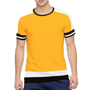เสื้อยืดแขนสั้นผู้ชายสีเหลืองแบบบล็อกสี แต่งขอบตัดกัน คอกลม ทรงลำลอง ผ้าถัก 100% คอตตอน เป็นมิตรกับสิ่งแวดล้อม - Product Image 4