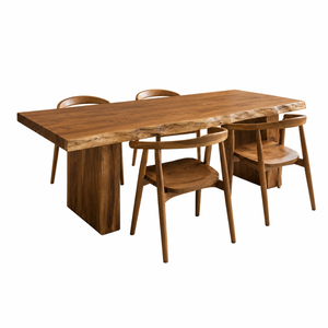 ARTERRA Luxury Teak <b>Dining</b> <b>Table</b> Set <b>with</b> Curved Back Teak <b>Chair</b> Modern Live Edge Natural Teak Finish Villa Decor - Product Image 2