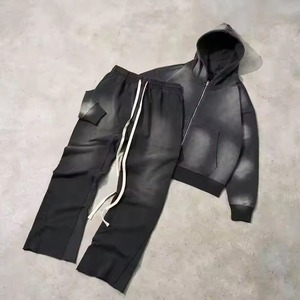 Sudadera con capucha personalizada con cremallera, logotipo bordado, corte inverso, lavado ácido, estilo vintage, conjunto de sudadera y pantalón de chándal de felpa gruesa para hombre - Product Image 3