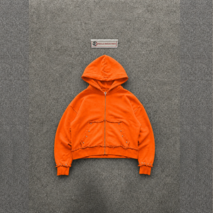 Sweat à capuche zippé oversize orange, en coton doux délavé style vintage, streetwear, couleur unie, avec poches, manches classiques, pour l'automne - Product Image 5