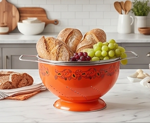 Finest Orange Enamel Colander With Floral Design Stainless Steel Handles Durable Kitchen Strainer For <b>Vegetables</b> And Fruits - Product Image 5