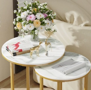 Stylish Modern Nesting <b>Tables</b> <b>Marble</b> Top with Gold Frame <b>Coffee</b> <b>Table</b> <b>Set</b> Elegant Home Living Room Furniture At Best Price - Product Image 1