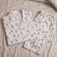 Ensemble de pyjama pour femme en coton tissé thermique imprimé à la main, respirant, doux, à séchage rapide, réversible, col en V, manches longues, traditionnel
