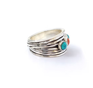 Men's Boho Chic Multi-Stone <b>Ring</b> 925 Sterling Silver Turquoise Coral Meditation <b>Spinner</b> Band Unique Design Jewelry Daily Wear - Product Image 3