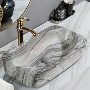 Lavabo de salle de bain d'hôtel en marbre naturel fait main, motif unique, écologique, durable, avec transfert d'eau, pour une touche d'art et de luxe - Product Image 2
