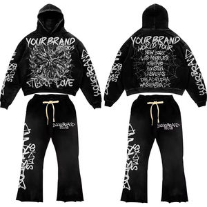 Conjunto de Sudadera con Capucha y Pantalones Deportivos de 2 Piezas con Estampado Vintage, Lavado Ácido, Desgastado, con Pedrería, Personalizado OEM para Hombre - Product Image 2