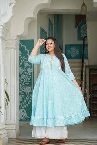 Women's <b>Plus</b> <b>Size</b> Cotton Anarkali Kurta Blue Floral Printed Embroidered Round Neck Three Quarter Sleeves Comfortable Wear - Product Image 2