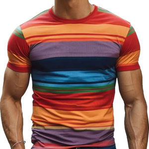 T-shirt à manches courtes pour homme, coupe classique, col rond, motif rayé, couleurs contrastées, respirant, tricoté, 100% coton, noir, rouge, bleu - Product Image 3
