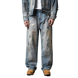 Jean pour homme 100% Coton Coupe Droite Taille Mi-Haute Style Hip Hop en Denim Ample avec Lavage Enzymatique Intensif Effet Délavé et Usé - Product Image 1