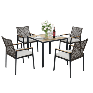 Set da Giardino in Legno di Acacia e Rattan a 5 Pezzi per Tutte le Stagioni, Tavolo da Pranzo con Foro per Ombrellone, Set da Conversazione per Esterni - Product Image 1