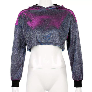 Sweat-shirt court à capuche pour femme, orné de paillettes, coupe oversize à épaules tombantes, pull tricoté d'automne à manches courtes - Product Image 2
