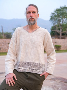 Handmade <b>Men</b> Khadi Cotton Shirt Long Sleeve V Neck T-shirt White Boho Top Breathable Organic Cotton Loose Fit Casual Shirt - Product Image 4
