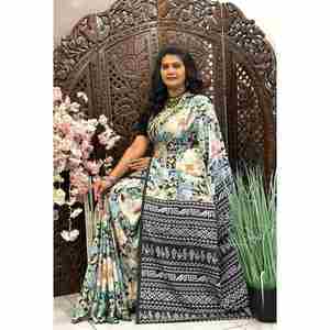 CRÊPE DE SOIE DIGITAL BANDHEJ IMPRIMÉ TRAVAIL SAREE AVEC BLOUSE NON COUCHÉE NOIR - Product Image 1