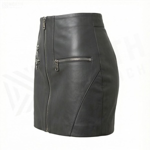 Jupe crayon mini en cuir taille haute pour femme avec fermeture éclair et poches latérales, style motard, couleur unie, toutes saisons - Product Image 3