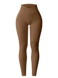High Waist Ribbed Full Length Yoga <b>Leggings</b> Seamless Four-Way Stretch Breathable Spandex/<b>Nylon</b> Solid Women Elastic Waist 220g - Product Image 5