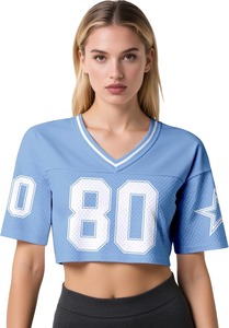 Women <b>Mesh</b> Jersey <b>Crop</b> <b>Top</b> V Neck Short Sleeve Sporty Style Breathable Lightweight Football Shirt Number 80 Custom Print - Product Image 2