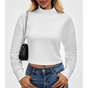 Women Casual Crop Boxy Printed Mock Neck Solid Color Long Sleeves Knitted Front Logo Breathable Quick Dry Winter Sweatshirt - Product Image 2