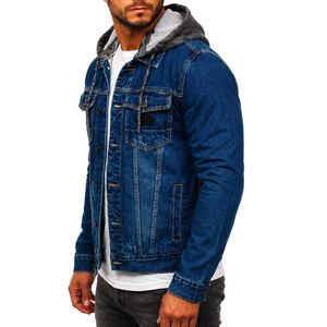 Veste en jean bleue pour homme avec capuche, décontractée, en coton, coupe droite, boutonnée sur le devant, pour l'automne - Product Image 3