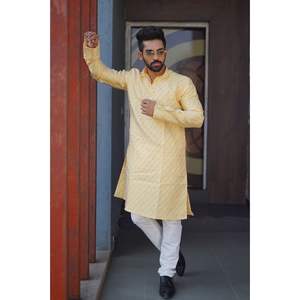 KURTA DE ALGODÓN Y SEDA JACQUARD PARA HOMBRE CON PAYJAMA, COLOR AMARILLO, TALLAS 3XL, XXL, XL, L - Product Image 1