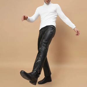 Pantalon formel en cuir et toile pour homme MORTAL SAGA, nouveau design, logo personnalisé, couleur unie, fermeture boutonnée, haute qualité, idéal pour l'hiver - Product Image 3