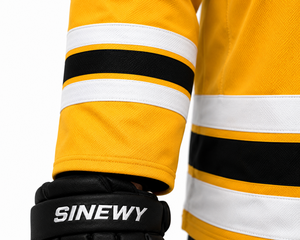 เสื้อฮอกกี้น้ำแข็งแบบกำหนดเองสำหรับผู้ชาย SINEWY SPORTS สีเหลือง ดำ ขาว ลายทาง คอวี แขนยาว ระบายเหงื่อได้ดี - Product Image 6