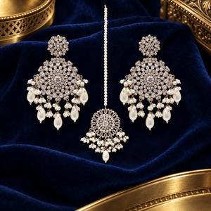 Silver Plated Clear Stone Floral Earrings and Maang <b>Tikka</b> Set with Faux Pearl Drops Bridal Jewelry Factory Wholesale - Product Image 3