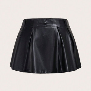 Minifalda de cuero sintético negro para mujer 2026, corte A, con dobladillo acampanado y plisado, con pantalones cortos, OEM ODM - Product Image 2