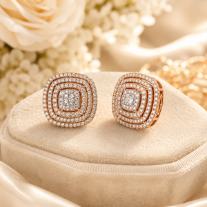 Luxury 14K Rose Gold Cushion <b>Square</b> <b>Diamond</b> Cluster Stud <b>Earrings</b> with Multi Halo Design for Bridal Wedding Fine Jewelry - Product Image 3
