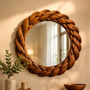Braided Wood Art Deco Design Eco-Friendly 5.0mm Thick Electricity-Free Wall <b>Mirror</b> Handmade Framed Decorative <b>Bathroom</b> Living - Product Image 1