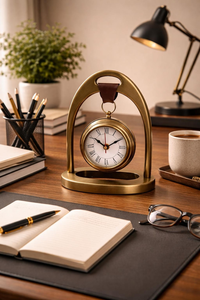 Horloge de bureau en laiton à motif équestre |   Montre de poche vintage inspirée des montres anciennes |   Décoration de table avec chiffres romains anciens pour le bureau - Product Image 4