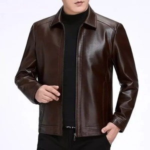 Blouson moto en cuir de vachette véritable pour homme, col rabattable, fermeture éclair, grande taille, couleur unie, coupe classique, automne - Product Image 3
