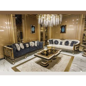 Juego de Sofás de Madera de Teca Sólida de Lujo, Sofá Curvo de 3+3+1+1 Plazas con Tallado Real y Terciopelo Dorado, Mesa de Centro, Mesas Esquineras, Muebles para Villa - Product Image 1