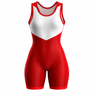 Justaucorps de lutte 100 % Spandex personnalisé avec logo, pour hommes et femmes, rouge et blanc, sans manches, col rond, coupe ajustée, pour la gym - Product Image 6