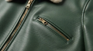 Men's Green Genuine <b>Leather</b> <b>Biker</b> <b>Jacket</b> With Faux Fur Collar Windproof Winter Moto Style Zipper Closure Regular Fit - Product Image 6