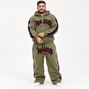 Graphic Print 100% Cotton Hooded Sweatsuit Unisex Fleece Zip Jacket Wide Leg Pants Custom Side <b>Tape</b> Detail Relaxed Streetwear - Product Image 2