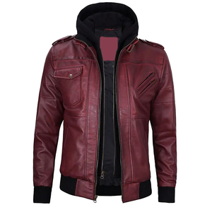 2026 OEM Best Trending Burgundy Cowhide Leather <b>Jackets</b> For Men's Hood Collar High Quality Low MOQ Winter Fashion <b>Heated</b> <b>Jackets</b> - Product Image 4