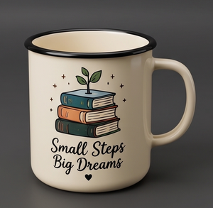 Inspirational Quote Metal Camp Cup Custom Logo Printing Heavy Duty Iron Enamel Mug Featuring Stacked Books and Growing Sprout - Product Image 2