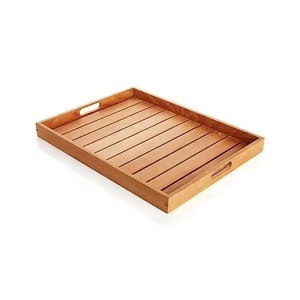 Plateau de service rectangulaire en bois Harvest Hearth avec poignées, design minimaliste, couleur unie, durable, pour le service du café et du thé - Product Image 1