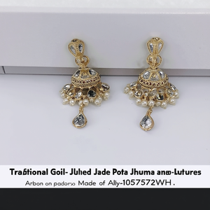Pendientes Jhumki Tradicionales Chapados en Oro con Jade y Piedra Pota, con Diseño de Gota y Tipo Stud, Hechos de Aleación-10575572WH - Product Image 2