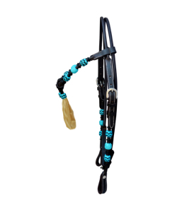 Cabezada de cuero marrón para caballo con cuero crudo turquesa trenzado a mano, ajustable, con nudos ecuestres y borla de pelo 90 - Product Image 4
