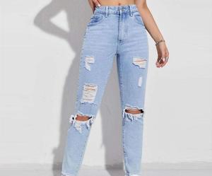 Jean déchiré taille haute coupe droite pour femme, en denim, coupe skinny, longueur intégrale, délavage vieilli, style décontracté printemps - Product Image 4