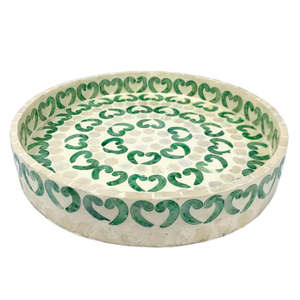 Tazón de fruta de MDF con incrustaciones de Capiz con patrón de Corazón Verde redondo, bandeja de servicio decorativa hecha a mano para decoración del hogar y la cocina - Product Image 4