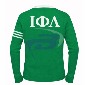 Suéter Cárdigan de la Hermandad Iota Phi Lambda, Verde Tejido con Rayas Blancas y Logotipo Bordado, Ropa de la Hermandad IPL Griega - Product Image 3